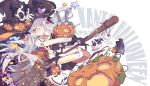  1girl absurdres amatsukaze_(kantai_collection) blush broom broom_riding halloween hat highres kantai_collection litsvn pumpkin solo thigh-highs witch_hat 