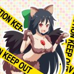  1girl :d alternate_costume animal_ears black_hair black_wings bow breasts cato_(monocatienus) caution_tape cleavage collarbone commentary fang hair_bow halloween large_bow large_breasts leaning_forward long_hair open_mouth paw_pose red_eyes reiuji_utsuho smile solo tail third_eye touhou very_long_hair wings 