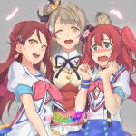  3girls :d ;d animal animal_on_head aozora_jumping_heart aqua_eyes bangs bird bird_on_head blush brown_eyes character_name clenched_hands commentary_request double-breasted earrings feathers flower grey_hair hair_between_eyes hair_flower hair_ornament jewelry kurosawa_ruby long_hair looking_at_viewer love_live! love_live!_school_idol_project love_live!_sunshine!! makita_(twosidegekilove) minami_kotori minami_kotori_(bird) multiple_girls neck_ribbon neckerchief nose_blush one_eye_closed one_side_up open_mouth redhead ribbon sailor_collar sakurauchi_riko short_sleeves skirt smile sore_wa_bokutachi_no_kiseki trait_connection x_hair_ornament 