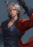  1boy arm_up black_gloves blue_background blue_eyes closed_mouth coat dante_(devil_may_cry) devil_may_cry devil_may_cry_2 gloves hair_over_one_eye male_focus red_coat simple_background solo sword upper_body weapon weapon_on_back white_hair xiaopa25 