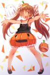  1girl artist_name bow brown_eyes brown_hair commentary_request fang food_themed_hair_ornament full_body hair_bow hair_ornament halloween_costume highres kantai_collection libeccio_(kantai_collection) long_hair looking_at_viewer mary_janes no_socks one_eye_closed open_mouth outstretched_arms pumpkin pumpkin_costume pumpkin_hair_ornament pumpkin_pants shoes solo spaghetti_strap striped striped_bow twintails yumi_yumi 