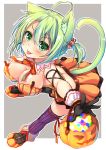  1girl :p ahoge animal_ears blush breasts cat_ears cat_tail cleavage dodome-iro_mayonnaise gloves green_eyes green_hair halloween_costume looking_at_viewer original sharon_(dodomayo) short_hair solo tail thigh-highs tongue tongue_out 