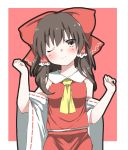  1girl ;) ascot bare_shoulders blush bow breasts brown_eyes brown_hair clenched_hand dancing detached_sleeves hair_bow hair_tubes hakurei_reimu head_tilt highres kz_oji large_bow long_hair looking_at_viewer medium_breasts one_eye_closed ribbon-trimmed_sleeves ribbon_trim skirt skirt_set smile solo touhou undershirt vest 