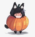  1girl absurdres animal_ears black_hair chibi commentary highres original pumpkin pumpkin_costume shaded_face sub-res tail wolf_ears wolf_tail |_| 