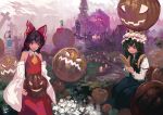  4girls bare_shoulders black_eyes black_hair castle cross detached_sleeves dress graveyard green_eyes green_hair hair_tubes hakurei_reimu halloween hat jack-o&#039;-lantern kazami_yuuka lantern long_sleeves multiple_girls nontraditional_miko onion_(onion_and_pi-natto) onozuka_komachi open_mouth plaid plaid_skirt plaid_vest pumpkin redhead rod_of_remorse scythe shiki_eiki skirt smile tombstone touhou vest wide_sleeves 