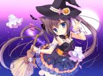  1girl animal_ears bare_shoulders black_hair blue_eyes broom candy cat_ears cat_tail chestnut_mouth ghost halloween halloween_costume hat holding lollipop looking_at_viewer miyasaka_miyu original parted_lips solo tail twintails witch_hat wrist_cuffs 