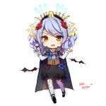  1girl alternate_costume artist_name bangs bat black_cape black_shoes black_skirt blue_bow blue_hair blue_ribbon bow bubble_skirt cape chibi cup drinking_glass flower full_body garter_straps hair_flower hair_ornament halloween hamster_(hanmster) headgear holding_glass juno_(zhan_jian_shao_nyu) looking_at_viewer parted_bangs pointy_ears ribbon shoes simple_background skirt solo standing text thigh-highs vampire vampire_costume waistcoat white_background white_legwear wine_glass yellow_eyes zhan_jian_shao_nyu 