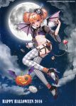  1girl 2016 :3 :d argyle argyle_legwear artist_name bandeau bat_wings black_shoes blue_fire breasts candle checkerboard_cookie choker clouds cookie crown cup demon_girl demon_tail demon_wings double_bun earrings english eyebrows eyebrows_visible_through_hair fire food from_side full_body full_moon gears hair_between_eyes halloween happy_birthday high_heels holding honnou_(kjs9504) jack-o&#039;-lantern jewelry medium_breasts mini_crown moon nail_polish navel night open_mouth orange_hair original outdoors pink_eyes pink_nails pointy_ears shoes sky smile sparkle star_(sky) starry_sky tail teacup thigh-highs watermark wings 