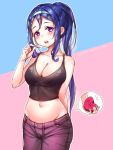  1girl absurdres arm_behind_back bikini_top blue_hair breasts cleavage cowboy_shot crop_top denim hairband hand_in_hair highres jeans joptr06 long_hair long_ponytail looking_at_viewer love_live! love_live!_sunshine!! matsuura_kanan midriff navel open_mouth outline pants ponytail see-through solo tank_top valentine violet_eyes white_outline 