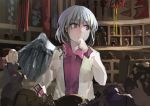  1girl frown hand_on_own_chin ichiba_youichi jacket kishin_sagume red_eyes silver_hair single_wing solo touhou wings 