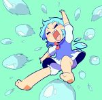  1girl =_= aqua_background arm_up barefoot bloomers blue_dress blue_hair blush_stickers bow bowtie cirno closed_eyes dress from_below full_body ice ice_wings moyazou_(kitaguni_moyashi_seizoujo) outstretched_arm puffy_short_sleeves puffy_sleeves red_bow red_bowtie short_hair short_sleeves solo touhou underwear wings |d 