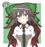  1girl :o ? black_hair blush bow breast_squeeze breasts commentary confused gradient_hair hair_bow head_tilt highres kz_oji large_bow large_breasts long_hair looking_at_viewer medium_breasts multicolored_hair red_eyes redhead reiuji_utsuho solo touhou unyu upper_body v_arms 