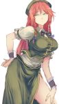  1girl braid breasts chinese_clothes contrapposto dress_shirt green_eyes hand_on_hip hong_meiling large_breasts long_hair long_skirt puffy_short_sleeves puffy_sleeves redhead shirt short_sleeves side_slit skirt terajin touhou twin_braids vest wrist_cuffs 