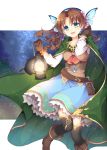  1girl :d ascot blue_eyes brown_gloves brown_hair cape gloves hairband holding lantern long_hair looking_at_viewer open_mouth original shikitani_asuka smile solo 