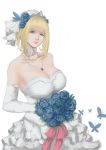  1girl absurdres blue_eyes blue_rose bouquet breasts butterfly cleavage dress elbow_gloves eshan flower gloves highres large_breasts lexington_(zhan_jian_shao_nyu) rose sketch solo wedding_dress white_background zhan_jian_shao_nyu 
