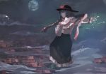 1girl architecture building clouds earth east_asian_architecture electricity hat ichiba_youichi long_skirt nagae_iku outstretched_arm purple_hair red_eyes shawl skirt solo touhou