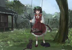  1girl animal_ears blurry brown_hair cat cat_ears cat_tail chen clenched_hands frown hat house ichiba_youichi jewelry mob_cap multiple_tails red_eyes rope serious single_earring sketch sleeping solo sweatdrop swing tail touhou tree two_tails 