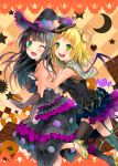  2girls :d aqua_eyes argyle argyle_legwear bangs black_hair black_legwear blonde_hair blush boots braid breast_grab breasts cake candy checkerboard_cookie chocolate_bar choker commentary_request cookie crescent crown_braid dress elbow_gloves flower food gloves grabbing grabbing_from_behind green_eyes hair_ribbon hair_rings halloween hat hat_flower high_heel_boots high_heels highres holding holding_plate kurosawa_dia lace lace-trimmed_gloves large_breasts layered_dress love_live! love_live!_school_idol_festival love_live!_sunshine!! mismatched_legwear mole mole_under_mouth moridam multiple_girls ohara_mari one_eye_closed open_mouth plate ribbon smile star thigh-highs vertical-striped_gloves witch_hat wrist_cuffs yuri 