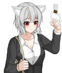  1girl absurdres alternate_costume animal_ears blush breasts cleavage closed_mouth collarbone commentary_request contemporary dress_shirt highres inubashiri_momiji large_breasts ozu_(agito100001) red_eyes shirt short_hair silver_hair solo suit_jacket touhou upper_body white_shirt wolf_ears 