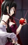  1girl apple black_hair earrings food fruit holding holding_fruit holding_knife indoors jewelry knife long_hair off_shoulder original solo takanashie violet_eyes 