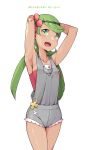  1girl armpits arms_behind_head blush breasts cloba_(daeniel811015) dark_skin fang flower green_eyes green_hair hair_flower hair_ornament highres long_hair mallow_(pokemon) open_mouth pokemon pokemon_(game) pokemon_sm simple_background solo twintails white_background 