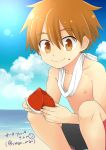  1boy absurdres beach brown_eyes brown_hair eyebrows food food_on_face forked_eyebrows fruit highres lens_flare male_swimwear pocchipocchi pop-up_story selim_spark short_hair sky smile solo swim_trunks swimwear watermelon 