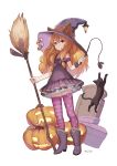  1girl animal_ears artist_name asymmetrical_clothes asymmetrical_legwear black_boots black_cat blonde_hair boots bow broom cat cat_teaser commentary_request frills full_body hair_bow hair_ribbon halloween hat hat_lantern hat_ornament holding_broom jack-o&#039;-lantern lantern long_hair meto31 orange_eyes original pink_bow pink_legwear polka_dot polka_dot_legwear ribbon simple_background standing striped striped_legwear thigh-highs tombstone tress_ribbon white_background witch witch_hat wristband zettai_ryouiki 