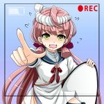  1girl akashi_(kantai_collection) blue_skirt blush breasts green_eyes hachimaki hair_ribbon headband hip_vent kantai_collection long_hair long_sleeves looking_at_viewer open_mouth pink_hair pleated_skirt recording ribbon school_uniform serafuku skirt tk8d32 tress_ribbon twintails wavy_mouth 