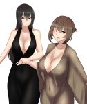  2girls black_hair breasts brown_hair cleavage collarbone eyebrows eyebrows_visible_through_hair green_eyes hair_between_eyes holding_hands kantai_collection large_breasts long_hair looking_at_viewer multiple_girls mutsu_(kantai_collection) nagato_(kantai_collection) navel one_eye_closed red_eyes see-through short_hair simple_background taka_(vert_320) white_background 
