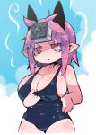 1girl adjusting_clothes adjusting_swimsuit animal_ears breasts choker cowboy_shot fake_animal_ears highres large_breasts one-piece_swimsuit pink_eyes pink_hair pointy_ears solo sweat swimsuit zankuro 