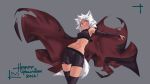  1girl animal_ears armpits cape deel_(rkeg) fang fingerless_gloves gloves halloween happy_halloween highres marinya midriff navel original red_eyes revision short_hair shorts smile solo tail thigh-highs torn_clothes white_hair 