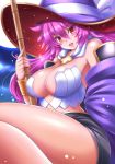  1girl :d armpits bamboo_broom bare_shoulders blush bracelet breasts broom character_request cleavage detached_sleeves full_moon hat jewelry kittan_(cve27426) large_breasts long_hair moon open_mouth pink_hair red_eyes shinrabanshou short_shorts shorts smile solo thighs witch witch_hat 