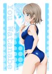  1girl ass blue_eyes blue_swimsuit brown_hair character_name finger_to_mouth hand_on_hip highres index_finger_raised looking_at_viewer love_live! love_live!_sunshine!! one-piece_swimsuit profile sazanami_tarou short_hair smile standing swimsuit watanabe_you zoom_layer 