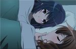  2girls black_hair blanket brown_hair closed_eyes finger_to_mouth futon hibike!_euphonium kousaka_reina long_hair looking_at_another multiple_girls oumae_kumiko pillow ran_buru_fisshu sleeping violet_eyes yuri 