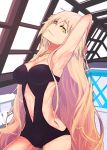  1girl arm_behind_head arm_up armpits blonde_hair breasts fate/grand_order fate_(series) i-pan indoors jeanne_alter long_hair looking_at_viewer medium_breasts navel_cutout one-piece_swimsuit pool rei_no_pool ruler_(fate/apocrypha) smile solo swimsuit very_long_hair yellow_eyes 