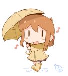  1girl blush_stickers boots brown_hair chibi commentary_request folded_ponytail hanomido inazuma_(kantai_collection) kantai_collection musical_note open_mouth raincoat rubber_boots simple_background solid_eyes solo umbrella white_background yellow_umbrella |_| 