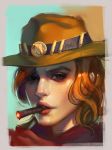  1girl artist_name brown_eyes brown_hair brown_hat cape cigar cowboy_hat eyelashes face freckles genderswap genderswap_(mtf) hat lips lipstick looking_at_viewer makeup mascara mccree_(overwatch) nose overwatch pink_lips pink_lipstick poncho red_cape smoking solo superschool48 teeth teeth_hold 