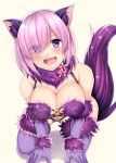  1girl all_fours alternate_costume animal_ears bare_shoulders beeyan blush breasts cat_ears cleavage elbow_gloves fang fate/grand_order fate_(series) fur_trim gloves hair_over_one_eye halloween halloween_costume highres large_breasts looking_at_viewer o-ring_top open_mouth pink_hair shielder_(fate/grand_order) short_hair simple_background smile solo tail thigh-highs violet_eyes white_background 