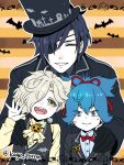  3boys bat black_gloves black_hair blue_eyes blue_hair bow bowtie closed_eyes cravat eyepatch freckles gloves gokotai hair_over_one_eye halloween hat jack-o&#039;-lantern kagetora male_focus multiple_boys open_mouth ponytail sayo_samonji shokudaikiri_mitsutada smile top_hat touken_ranbu twitter_username white_hair yellow_eyes 