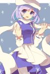  1girl :d blue_eyes breasts busujima_(kusahana) dress hands hat highres juliet_sleeves letty_whiterock long_sleeves looking_at_viewer medium_breasts open_mouth puffy_sleeves purple_hair scarf short_hair smile snowflakes solo touhou 