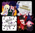  1girl 3boys androgynous black_hair chibi crossdressinging drifters eyepatch fujiwara_riyu grin halloween long_hair looking_at_viewer multiple_boys nasu_no_yoichi oda_nobunaga_(drifters) olmine otoko_no_ko ponytail shimazu_toyohisa smile 