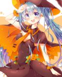  1girl aqua_hair arm_up blue_eyes cape dress halloween hat hatsune_miku highres jack-o&#039;-lantern long_hair necktie open_mouth salute solo twintails urara_(sumairuclover) very_long_hair vocaloid witch_hat 