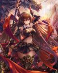  1girl bare_shoulders belt black_legwear black_skirt brown_hair cleavage_cutout demon_horns dragon fantasy forte_(shingeki_no_bahamut) gauntlets highres horns long_hair midriff navel outdoors polearm pouch red_eyes revision saya_kuroha shadowverse shingeki_no_bahamut skirt solo standing sunlight very_long_hair weapon 