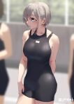  3girls arm_behind_back black_swimsuit blue_eyes blurry blurry_background breasts collarbone commentary_request eyebrows_visible_through_hair grey_hair jonsun large_breasts looking_to_the_side multiple_girls one-piece_swimsuit original riku_(jonsun) short_hair solo_focus swimsuit twitter_username wet 
