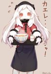  1girl absurdres alternate_costume apron bowl covered_mouth cup flying_sweatdrops highres horns kantai_collection katoroku long_hair looking_at_viewer mittens northern_ocean_hime pale_skin red_eyes red_shirt shirt sidelocks simple_background solo standing tray twitter_username white_hair 