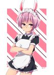  1girl animal_ears apron black_dress crossed_arms dress genderswap genderswap_(mtf) glasses highres kameron maid maid_apron maid_headdress pink_eyes pink_hair pouty_lips rabbit_ears saiki_kusuo saiki_kusuo_no_psi_nan short_hair signature solo striped striped_swimsuit swimsuit 