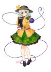  1girl artist_name black_hat blann blush bow closed_mouth floral_print frilled_shirt_collar frills full_body green_eyes green_hair green_skirt hat hat_bow heart heart_hands highres komeiji_koishi long_sleeves looking_at_viewer petticoat shirt skirt smile solo touhou white_background wide_sleeves yellow_bow yellow_shirt 