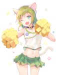  +_+ 1girl ;d alternate_costume alternate_hairstyle animal_ears bare_shoulders bell bell_choker blush cat_ears cat_tail cheerleader choker collarbone cowboy_shot crop_top fang flat_chest green_eyes green_hair green_skirt groin highres hyakunin_momoko jingle_bell kemonomimi_mode komeiji_koishi looking_at_viewer midriff miniskirt navel one_eye_closed open_mouth pom_poms shirt skirt sleeveless sleeveless_shirt smile solo stomach tail touhou white_shirt 