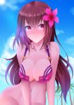 1girl :&lt; bikini_top blush bottomless bottomless_female breasts cleavage embarrassed eyebrows_visible_through_hair fate/grand_order fate_(series) jomo_(haccapan) large_breasts long_hair looking_at_viewer no_panties out-of-frame_censoring purple_eyebrows purple_hair red_eyes scathach_(fate/grand_order) scathach_(swimsuit_assassin)_(fate) solo type-moon