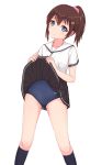  1girl absurdres azusa_(sukumizuya) black_legwear black_skirt brown_hair head_tilt highres looking_at_viewer original pleated_skirt ponytail school_swimsuit school_uniform serafuku short_hair skirt skirt_lift socks standing swimsuit 